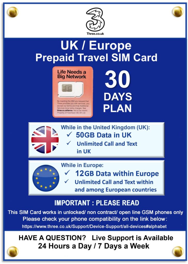 50GB UK / 12GB Europe Data SIM card by 3UK Gladex Travel and Tours Corp.